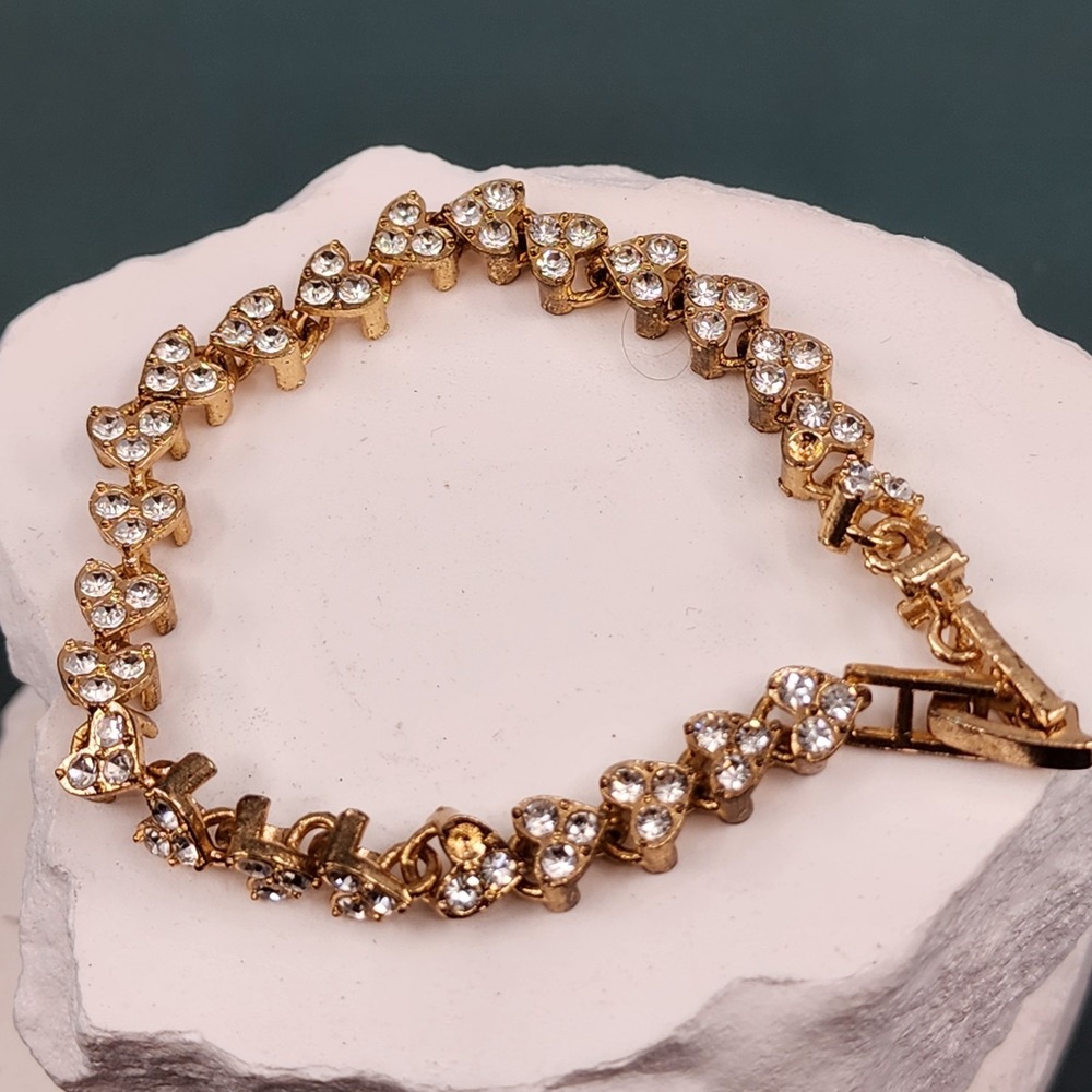 Gold Tone Clear Rhinestone Heart Link Bracelet Romantic Sparkle Statement Gift